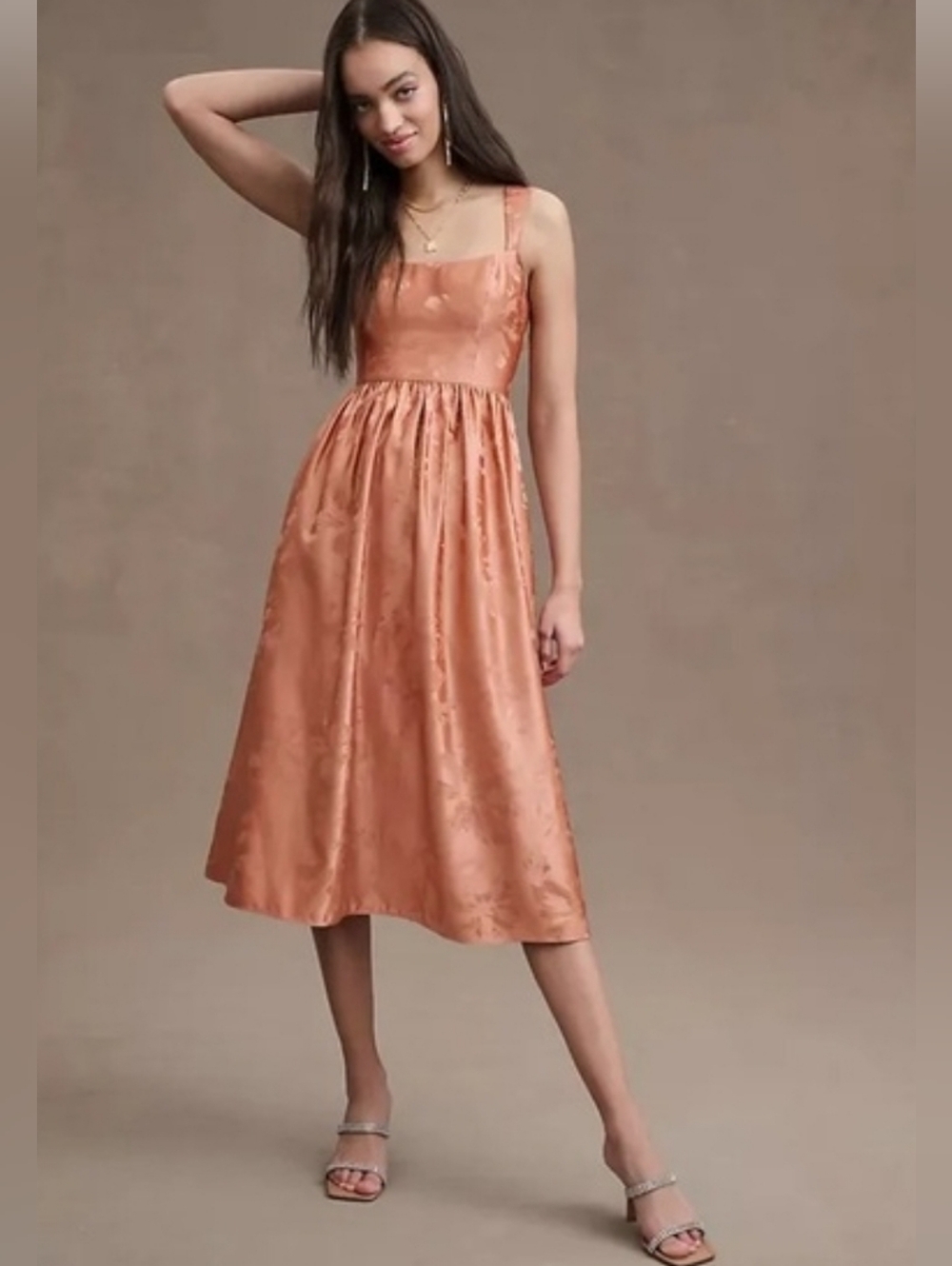 BHLDN Poppy Square Neck Satin Jacquard A-Line Midi Dress in Sedona Size 12